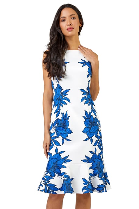 Floral Border Print Frill Stretch Dress