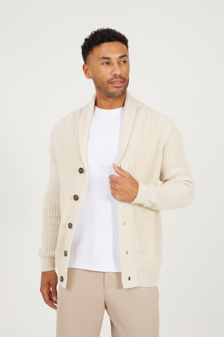 Ecru Shawl Neck Chunky Knit Cardigan