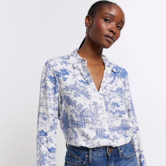 River Island Womens Shirt Blue Floral Long Sleeve