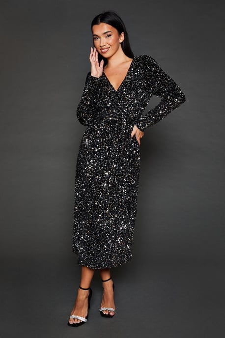 Velvet Sequin Wrap Midi Dress