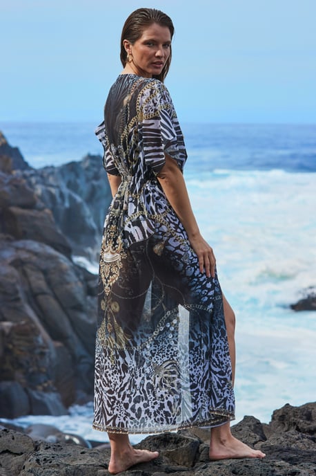 Black Animal Print Embellished Maxi Kaftan