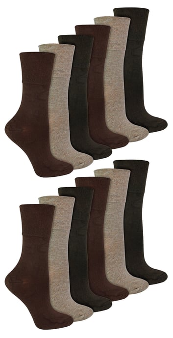 IOMI - 12 Paar Multipack Damen Diabetiker Bambus Socken | Damen Extra Wide Seamless Socken mit Non Elastic Gentle Grip Top - Dark Brown - Image 1