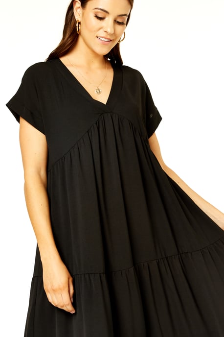 V Neck Tiered Midi Smock Dress