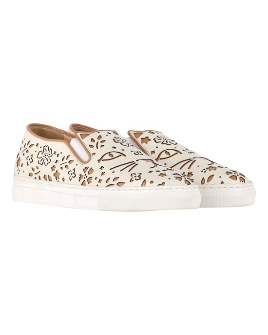 Charlotte Olympia Cool Cats Laser-Cut Slip-On Sneakers aus cremefarbenem Leder - Image 3