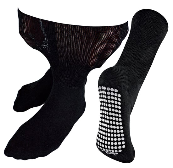 Extra breite Ödemsocken mit rutschfesten Griffen | Dr.Socks | Herren & Damen | Bambus Pantoffelsocken mit Grippern für geschwollene Beine Knöchel & Füße - Schwarz - Image 1