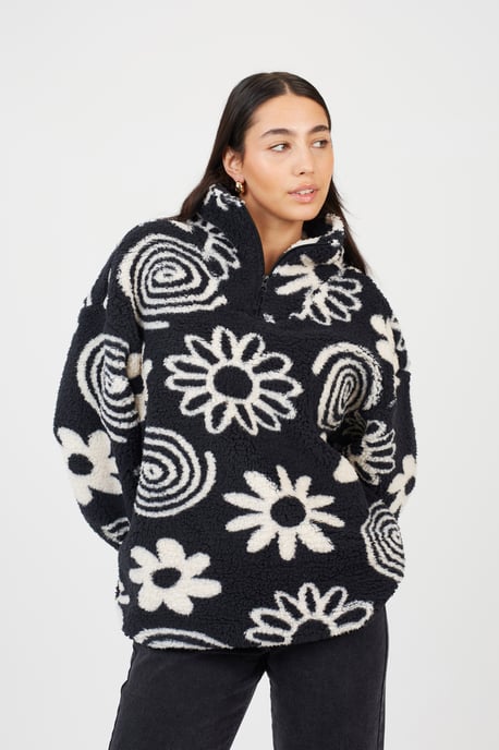 Black Quarter Zip Flower Print Fleece Sweatshirt