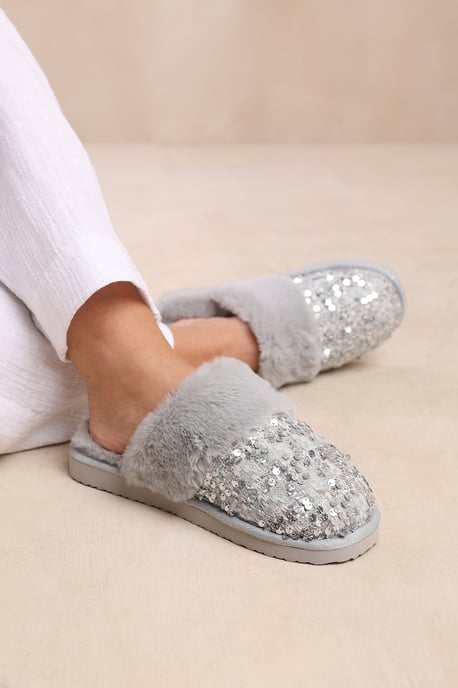 Wheres That From Womens 'Snuggle' Slip On Sequin Slippers With Fur Trim - Image 1