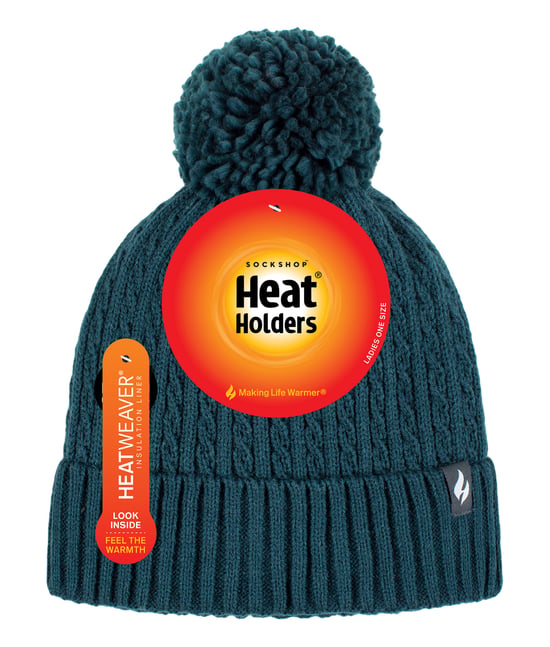 Ladies Thermal Cable Beanie Hat | Heat Holders | Winter Knitted Pom Pom Hat | Soft Ribbed Bobble Hat - Teal - Image 1