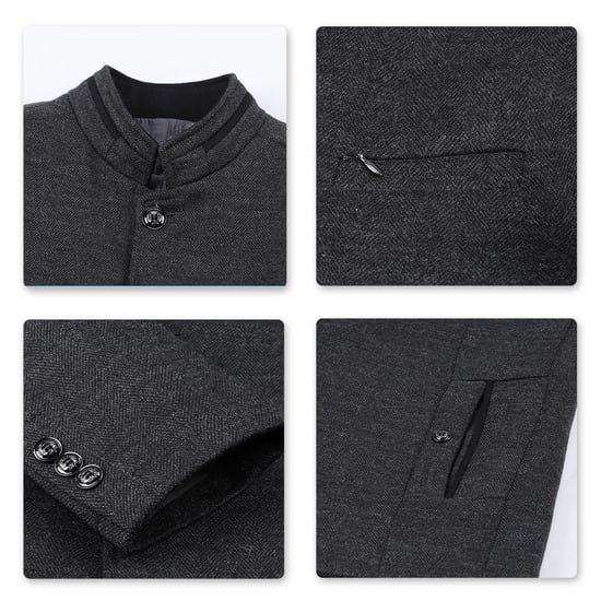 Herren Kurzer Slim Fit Mantel mit Stehkragen Business Casual Wollmantel Grau - Image 4
