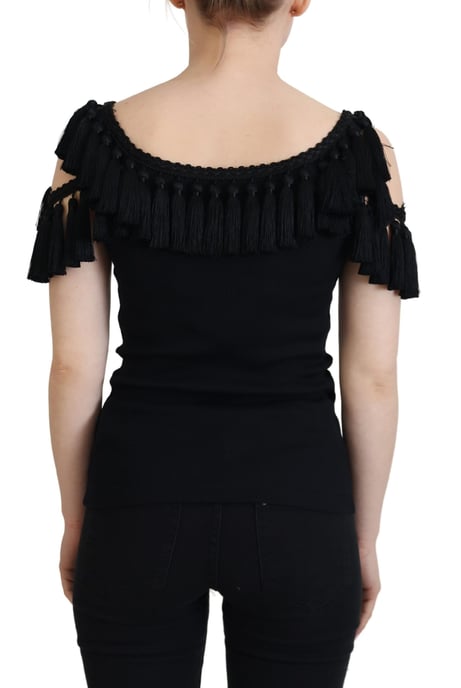 Dolce & Gabbana Schwarzes Tanktop Damen mit Fransen Baumwollbluse für Damen - Image 6