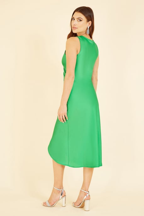 Mela Green Satin Wrap Ruched Midi Dress