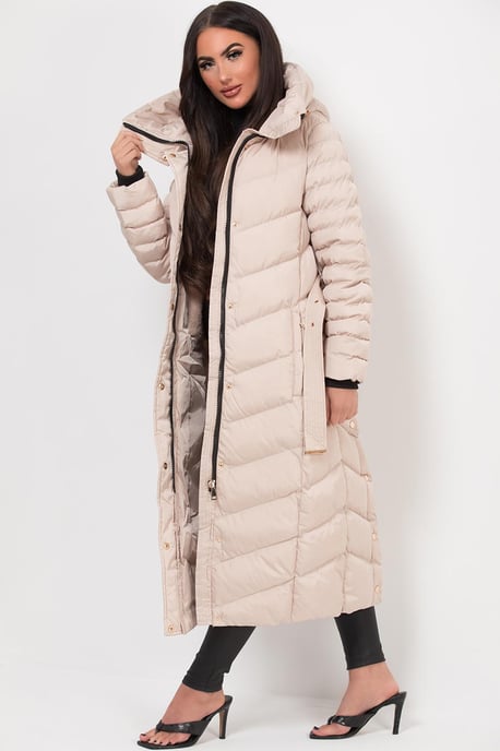 Jess Women’s Long Puffer Coat with Belt & Hood