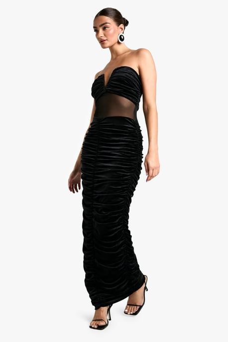 Velvet Mesh Plunge Ruched Maxi Dress - Image 3