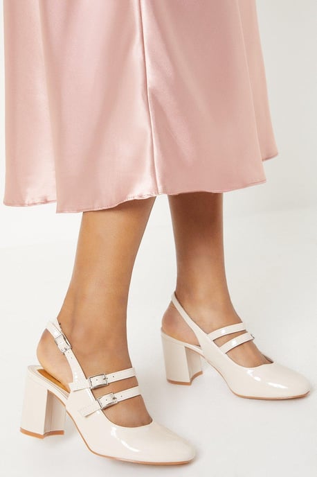 Devon Sling Back Double Mary Jane High Block Heel Court Shoes