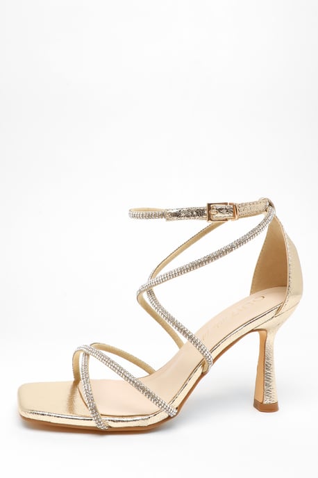 Wide Fit Gold Foil Diamante Strappy Heeled Sandals