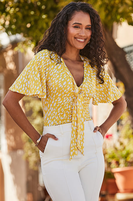 Yellow Fleck Print Ruched Detail Tie Neck Jersey Top