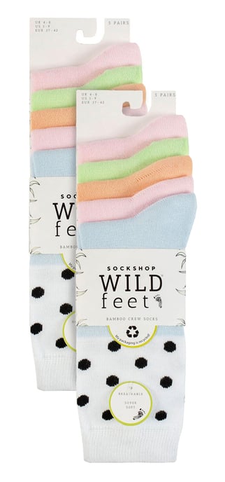 Wildfeet - 10er Pack Damen Bambus Crew Socken mit Punkten, Leoparden- und Blumenmuster - Spots Pastell - Image 2