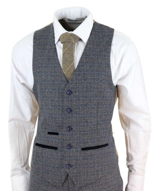 Herren 3-Teiliges Marineblaues Tweed-Karomuster Vintage Retro Anzug - Image 2