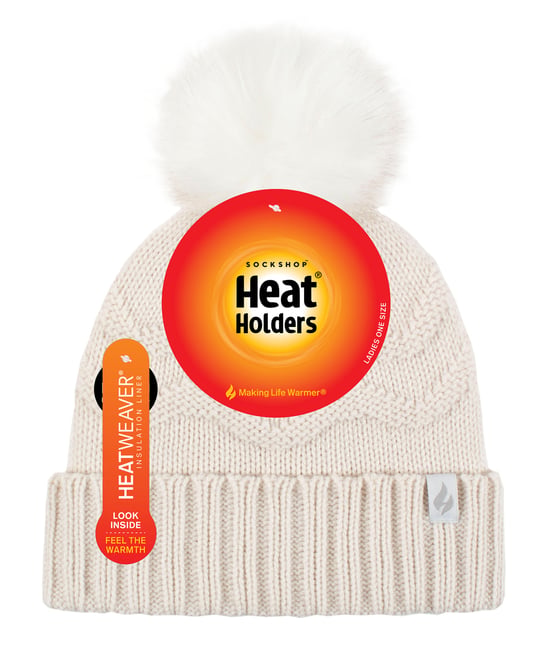 Damen Winter Pelz Beanie Mütze | Wärmehalter | Zickzack gemusterte Pom Pom Hut | Womens Thermal Cuff Bobble Hat - Creme - Image 2