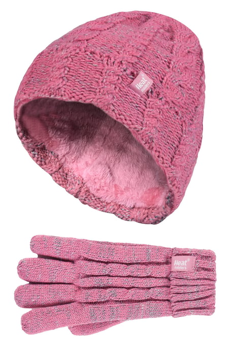 Wärmehalter - Kinder Mädchen niedlich Kabel gestrickt warm Fleece gefüttert Pompom Wintermütze und Handschuhe Set mit Bommel - CS4P14 - Image 1