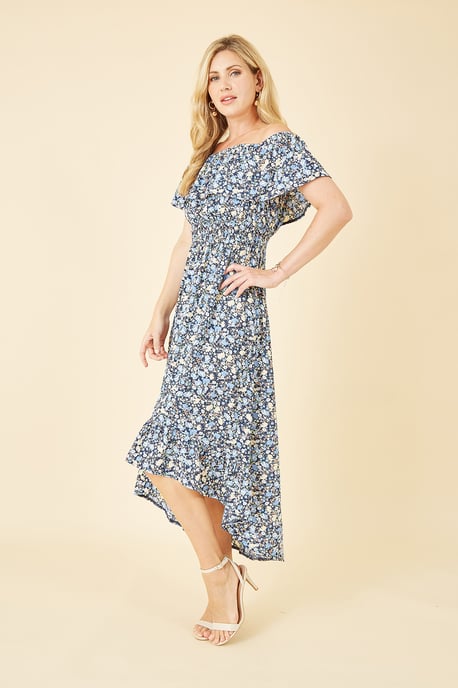 Blue Floral Ditsy Bardot Midi Dress