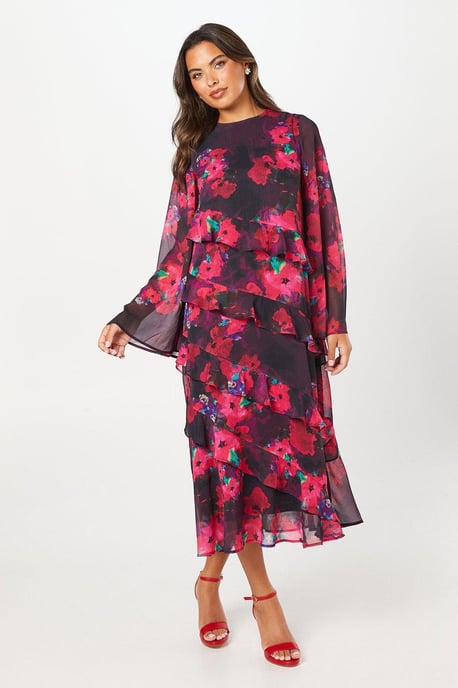 Printed Long Sleeve Ruffle Trim Lightweight Chiffon Midi Dress
