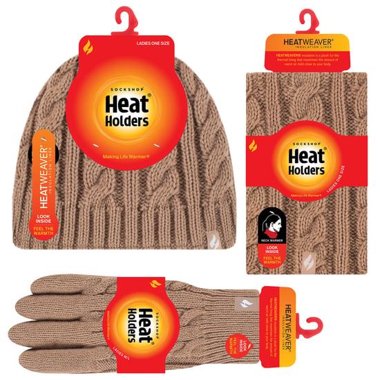 Heat Holders - Womens Thermal Winter Fleece Mütze, Halswärmer und Converter Handschuhe Set - Beige - Image 2