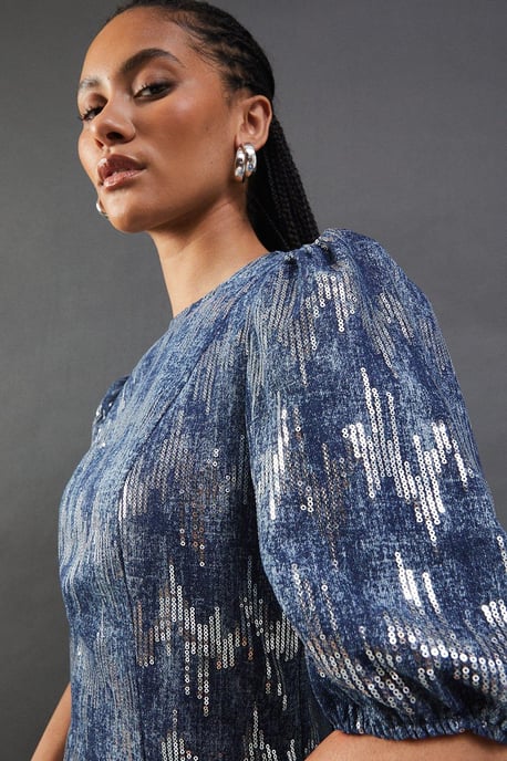 Premium Sequin Denim Fitted Puff Sleeve Midi Dress - Image 2