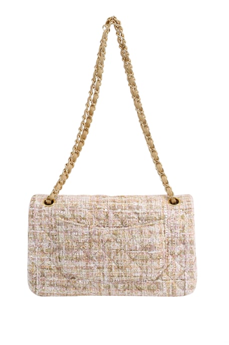 Chanel Classic Flap Shoulder Bag with Gold Tone Metal in Pastel Pink Tweed and Leather
