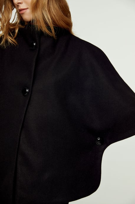 Black Faux Mouflon Cape with Buttons