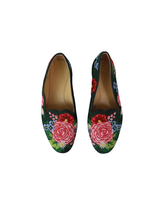 Charlotte Olympia Rosen Garten Floral Bestickte Ballerinas aus grünem Stoff - Image 5