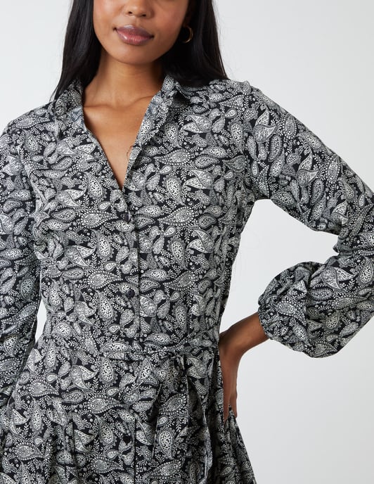Shirt Mini Dress With Godet Hem & Tie