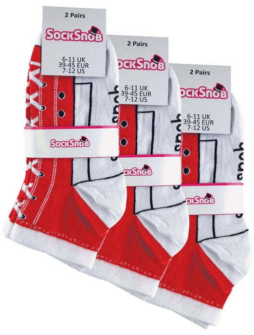 6 Paar Multipack Socken, die wie Schuhe aussehen | Socken Snob | Neuheit lustig Lace Up Converse Socken - rot - Image 2
