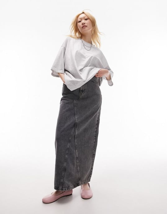Topshop Petite denim column maxi skirt in dark grey - Image 3