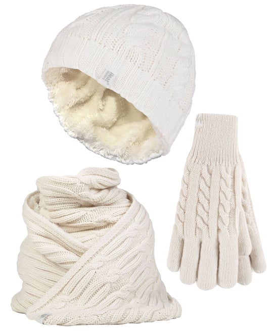 Damen-Set aus Strickmütze, Schal und Handschuhen | Wärmehalter | Mit Fleece gefüttertes Damen-Thermoset für kaltes Wetter für den Winter, Creme - Image 1