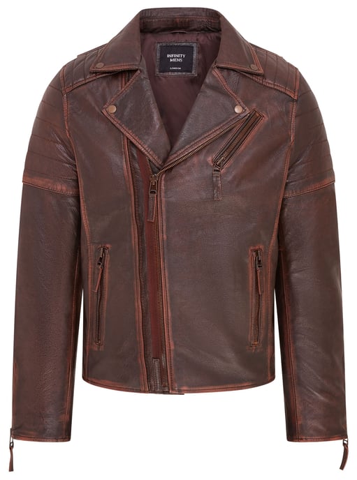 Mens Brown Brando Double Cross Zip Leather Biker Jacket- Fagernes