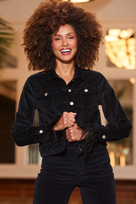 Black Velvet Denim Jacket With Feather Trim