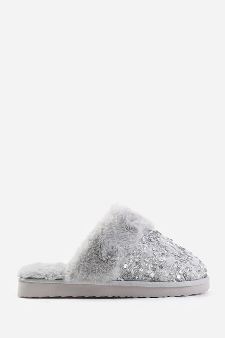 Wheres That From Womens 'Snuggle' Slip On Sequin Slippers With Fur Trim - Image 2