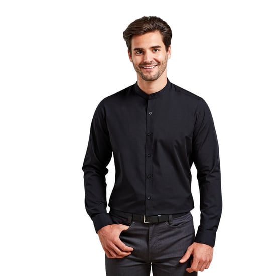 Premier Mens Banded Collar Langärmliges Formales Hemd (Schwarz) - Image 4