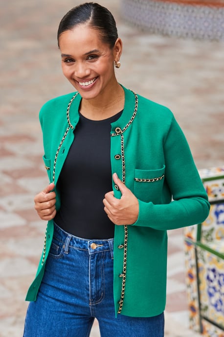 Green Pocket Front Cardigan With Chain Trim Detail