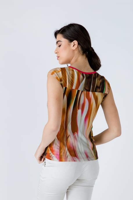 Print Cap Sleeve Top with Trim Detail