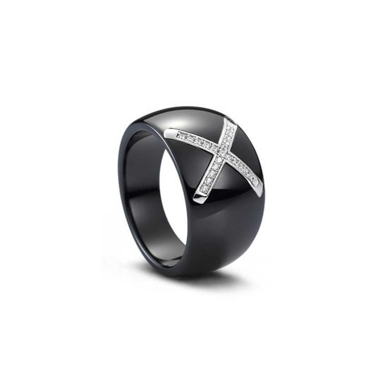 Silver, Black Ceramic and White Cubic Zirconia Ring