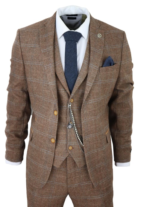 Herren 3-teiliger Wollanzug Eichenbraun Tweed Fischgrätenmuster Peaky Blinders Gatsby - Image 1