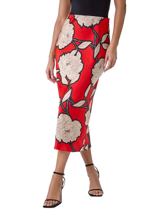 Floral Satin Bias Cut Midi Elastic Waist Skirt