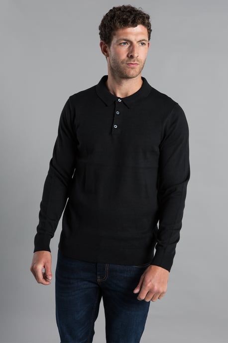 Black Cotton Knitted Long Sleeve Polo