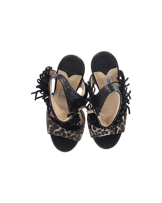Jimmy Choo Leopardenmuster Fransen Sandalen aus schwarzem Leder - Image 5