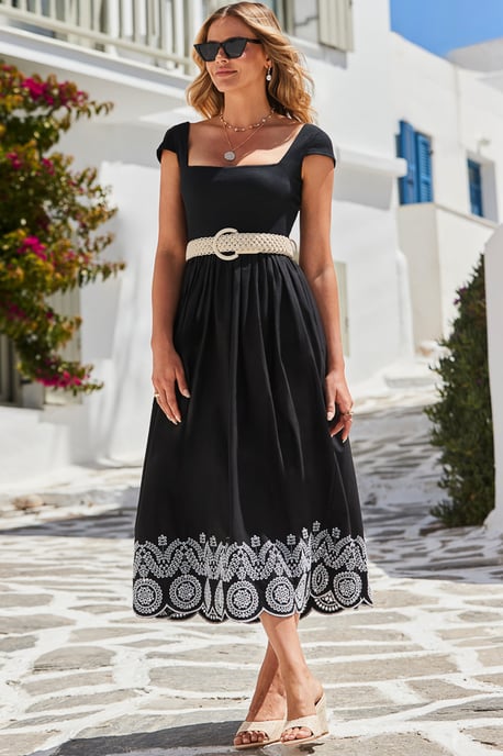 Black Embroidered Hem Square Neckline Midi Dress - Image 1