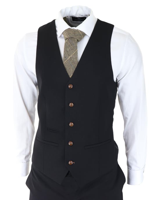 Mens Black 3 piece Suit Brown Trim Classic Birdseye Vintage Wedding Grooms