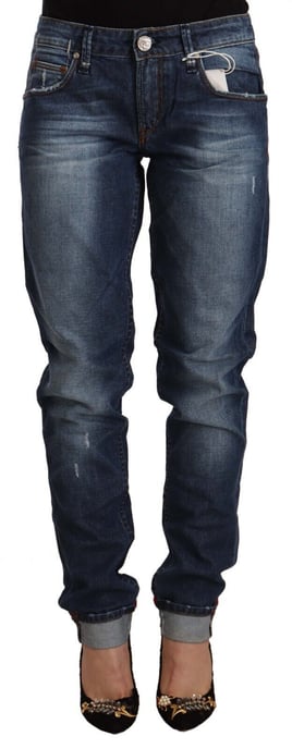 Acht Damen Blaue Gewaschene Mittelhohe Slim Fit Denim Jeans mit Umschlagkante - Image 1