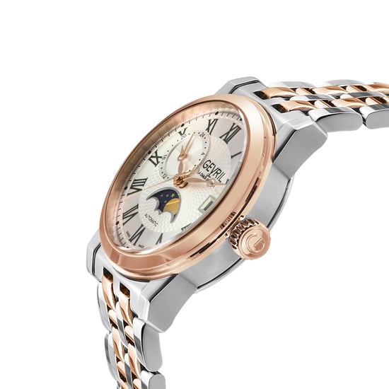 Gevril Men's Madison Moon phase Open Heart Silver/Black Dial, Rose Gold Stainless Steel Swiss Automatic Sellita SW285-B Watch